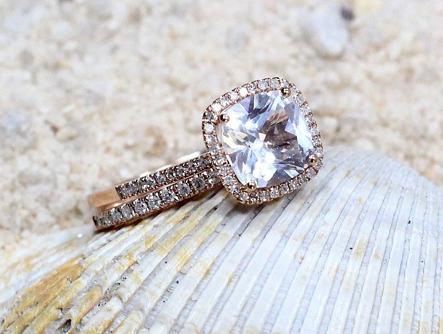 Ruby & Diamonds Engagement Ring set, Cushion Halo, Cuscino, Diamond wedding Band, 3ct, 8mm, Promise ring, gift for her BellaMoreDesign.com