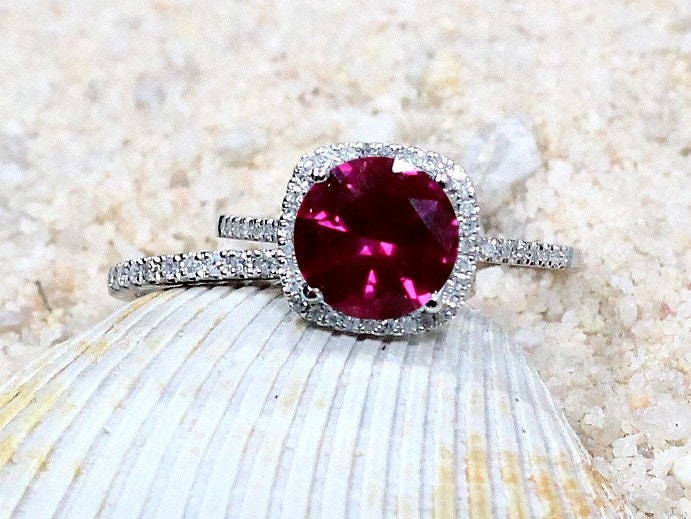 Ruby & Diamonds Engagement Ring set, Cushion Halo, Cuscino, Diamond wedding Band, 3ct, 8mm, Promise ring, gift for her BellaMoreDesign.com