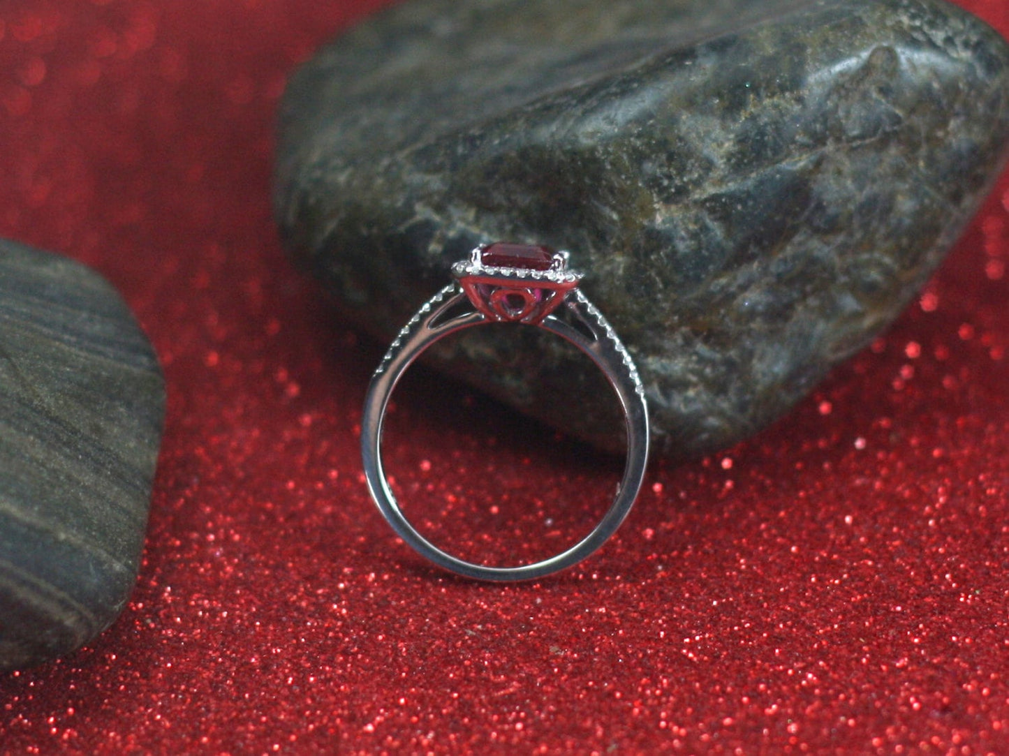 Ruby & Diamonds Halo Engagement Ring Emerald cut Red Hemera 2ct 8x6mm Custom Size White-Yellow-Rose Gold-10k-14k-18k-Platinum BellaMoreDesign.com