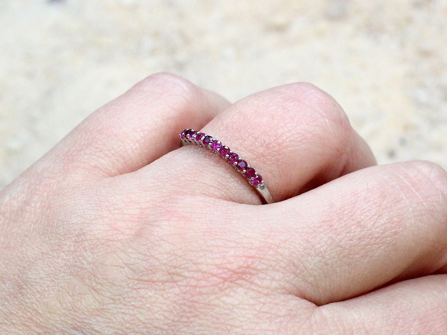 Ruby Wedding Band Half Eternity Stackable Red Rubies Engagement Ring Round Hygea Custom White-Yellow-Rose Gold-10k-14k-18k-Platinum BellaMoreDesign.com