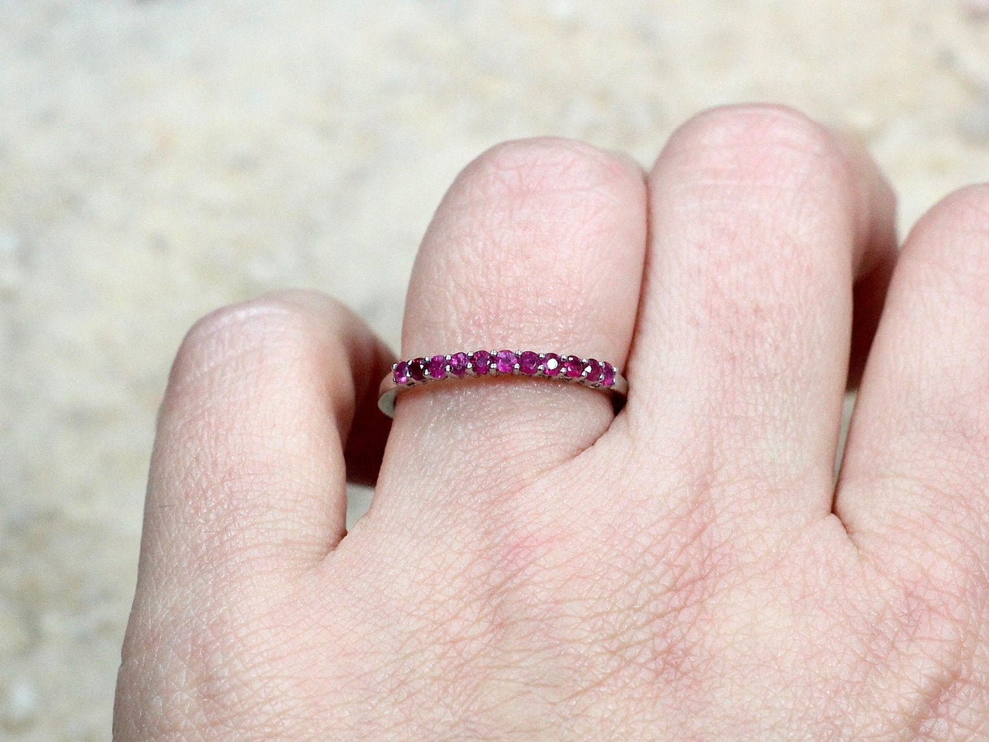 Ruby Wedding Band Half Eternity Stackable Red Rubies Engagement Ring Round Hygea Custom White-Yellow-Rose Gold-10k-14k-18k-Platinum BellaMoreDesign.com