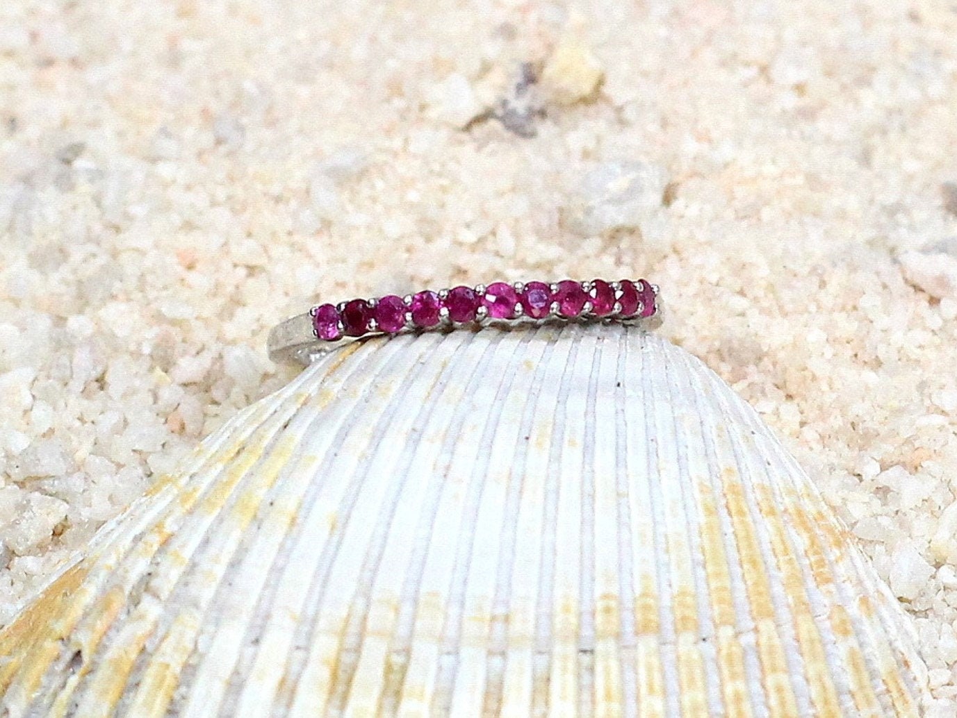 Ruby Wedding Band Half Eternity Stackable Red Rubies Engagement Ring Round Hygea Custom White-Yellow-Rose Gold-10k-14k-18k-Platinum BellaMoreDesign.com