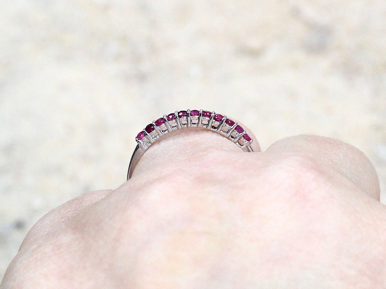 Ruby Wedding Band Half Eternity Stackable Red Rubies Engagement Ring Round Hygea Custom White-Yellow-Rose Gold-10k-14k-18k-Platinum BellaMoreDesign.com