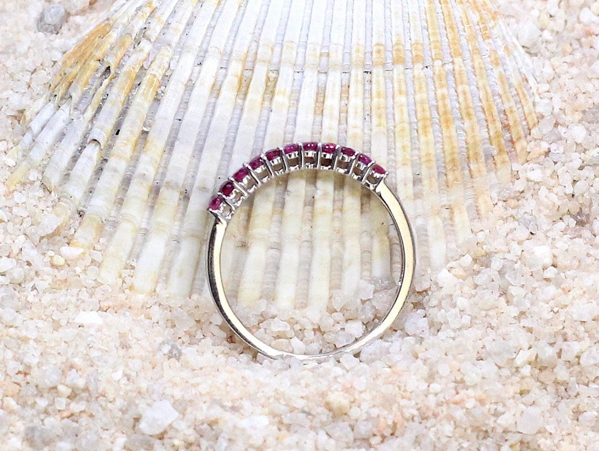 Ruby Wedding Band Half Eternity Stackable Red Rubies Engagement Ring Round Hygea Custom White-Yellow-Rose Gold-10k-14k-18k-Platinum BellaMoreDesign.com