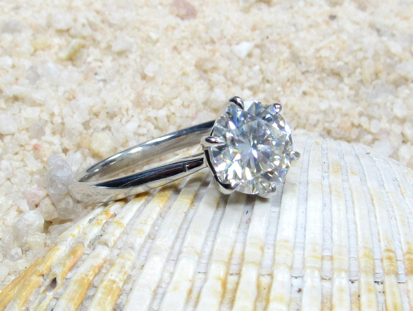Simulated Diamond, Moissanite Round cut Engagement Ring, Solitaire Dinlas 6 prong 2ct 8mm Custom Siz White-Yellow-Rose Gold-Platinum BellaMoreDesign.com