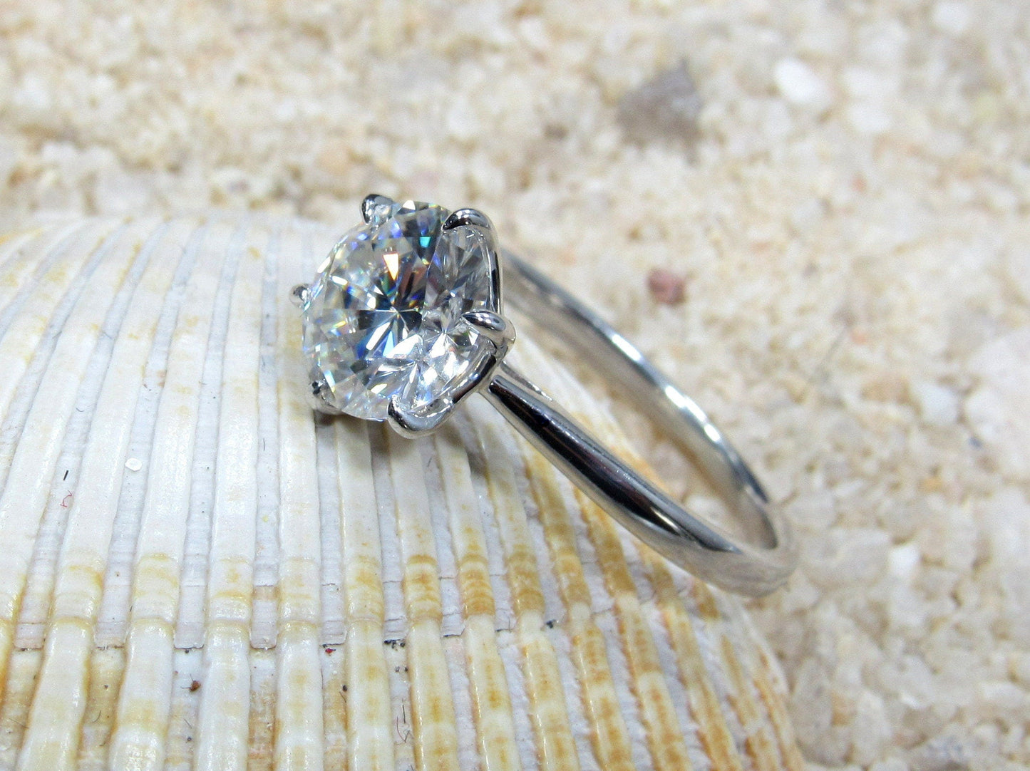Simulated Diamond, Moissanite Round cut Engagement Ring, Solitaire Dinlas 6 prong 2ct 8mm Custom Siz White-Yellow-Rose Gold-Platinum BellaMoreDesign.com