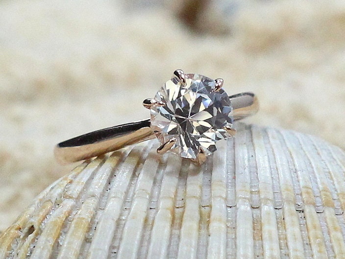 Simulated Diamond, Moissanite Round cut Engagement Ring, Solitaire Dinlas 6 prong 2ct 8mm Custom Siz White-Yellow-Rose Gold-Platinum BellaMoreDesign.com