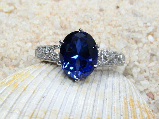 Vintage Blue Sapphire Engagement Ring Antique Style Filigree Oval Polymnia 3ct 9x7mm Custom White-Yellow-Rose Gold-10k-14k-18k-Platinum BellaMoreDesign.com