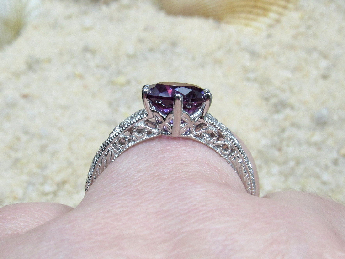 Vintage Color Change Sapphire & Diamonds Engagement Ring Antique Filigree Round Polymnia 2ct 8mm Custom White-Yellow-Rose Gold-14k-18k-Plat BellaMoreDesign.com