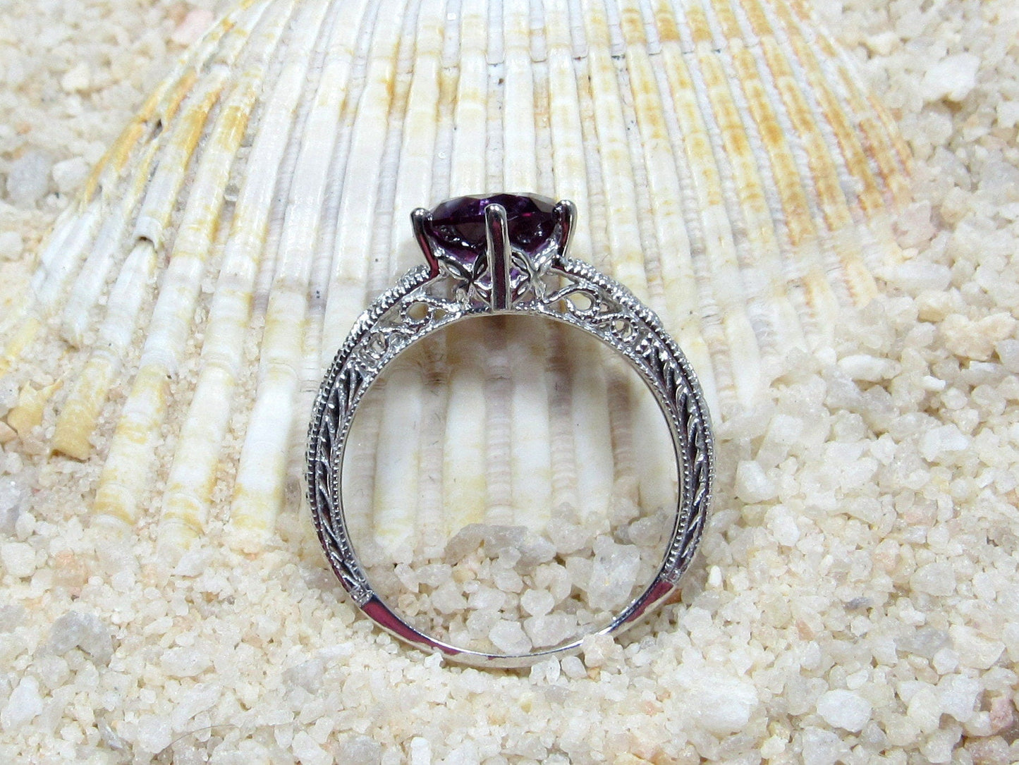 Vintage Color Change Sapphire & Diamonds Engagement Ring Antique Filigree Round Polymnia 2ct 8mm Custom White-Yellow-Rose Gold-14k-18k-Plat BellaMoreDesign.com