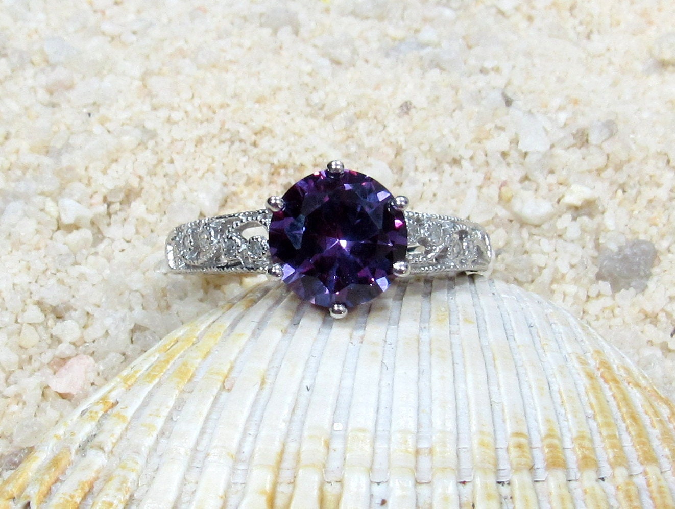 Vintage Color Change Sapphire & Diamonds Engagement Ring Antique Filigree Round Polymnia 2ct 8mm Custom White-Yellow-Rose Gold-14k-18k-Plat BellaMoreDesign.com