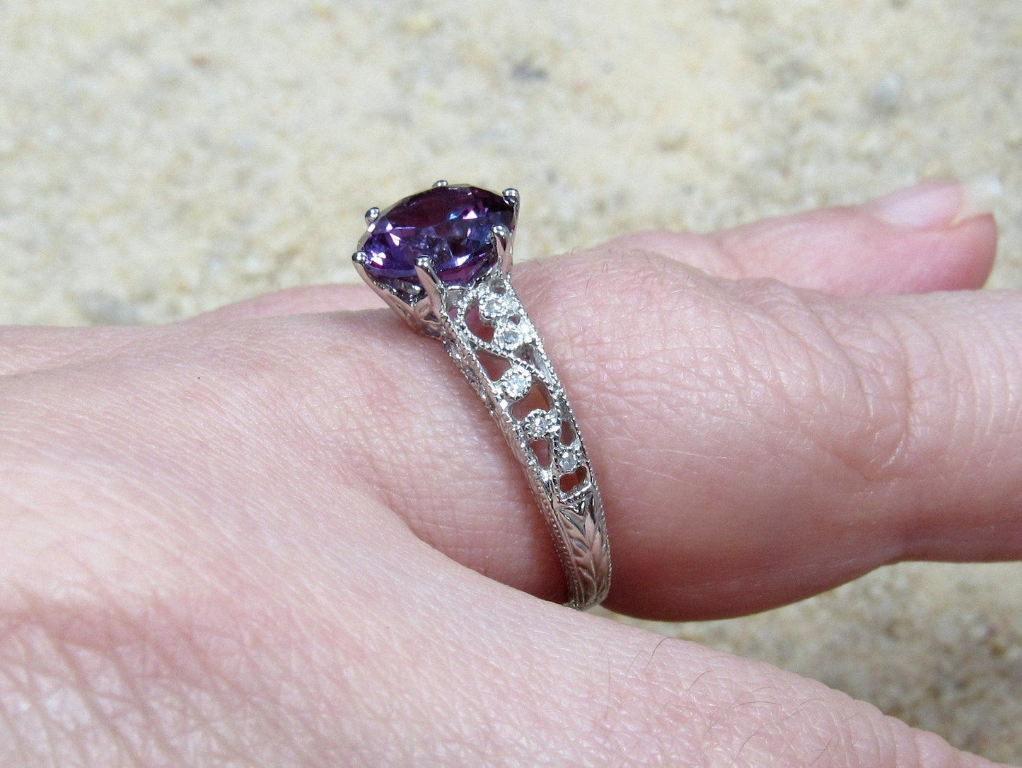 Vintage Color Change Sapphire & Diamonds Engagement Ring Antique Filigree Round Polymnia 2ct 8mm Custom White-Yellow-Rose Gold-14k-18k-Plat BellaMoreDesign.com