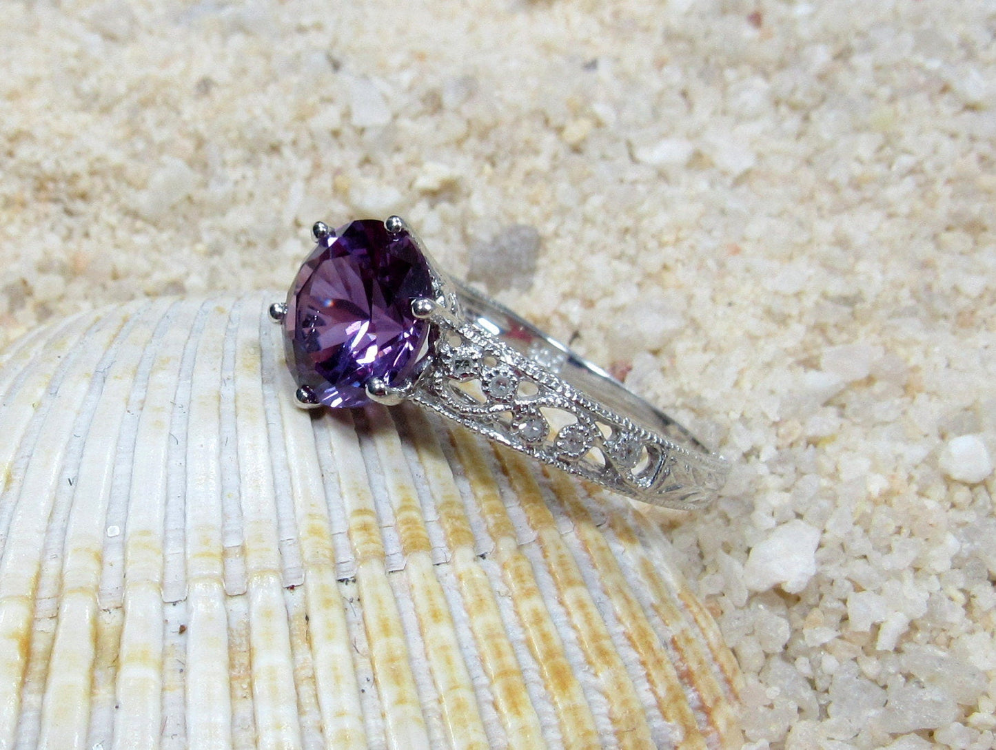 Vintage Color Change Sapphire & Diamonds Engagement Ring Antique Filigree Round Polymnia 2ct 8mm Custom White-Yellow-Rose Gold-14k-18k-Plat BellaMoreDesign.com
