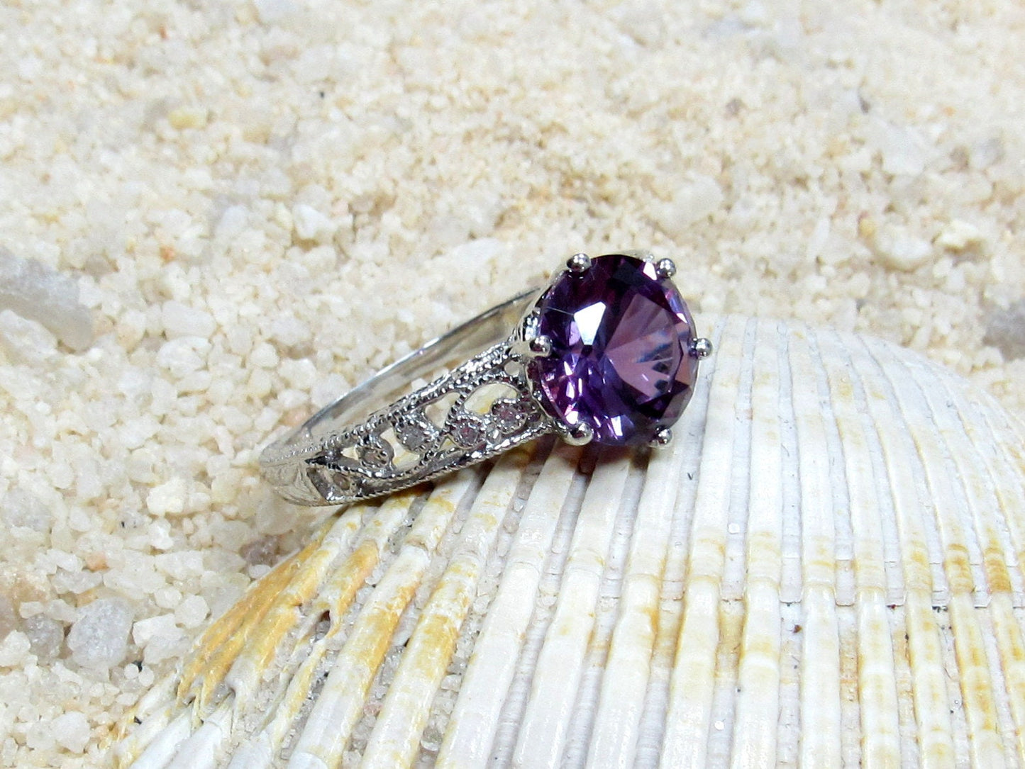 Vintage Color Change Sapphire & Diamonds Engagement Ring Antique Filigree Round Polymnia 2ct 8mm Custom White-Yellow-Rose Gold-14k-18k-Plat BellaMoreDesign.com