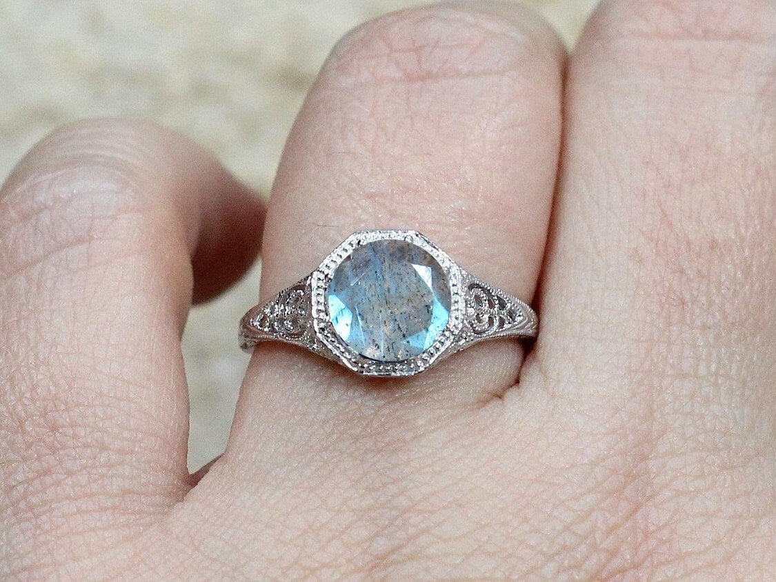 Vintage Labradorite Engagement Ring Fides Filigree Miligrain Antique Round cut 2ct 8mm Custom White-Yellow-Rose gold 10k-14k-18k-platinum BellaMoreDesign.com