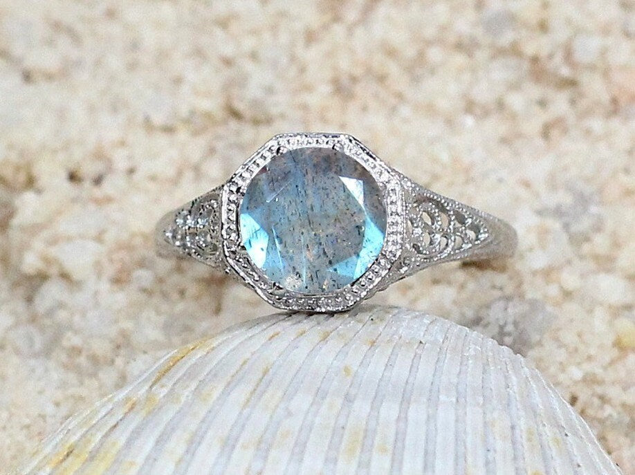 Vintage Labradorite Engagement Ring Fides Filigree Miligrain Antique Round cut 2ct 8mm Custom White-Yellow-Rose gold 10k-14k-18k-platinum BellaMoreDesign.com