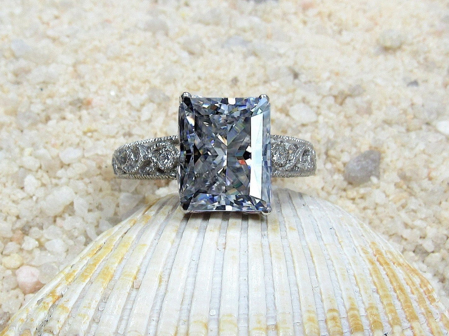 Vintage Moissanite Engagement Ring, Filigree Miligrain Radiant ring, Polymnia 4ct 10x8mm Custom White-Yellow-Rose gold 10k-14k-18k-plat BellaMoreDesign.com