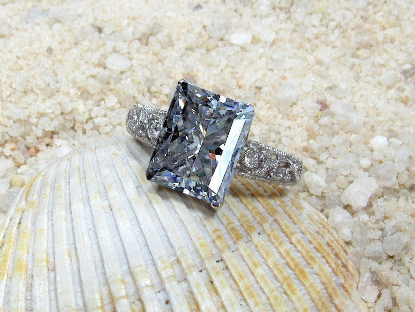 Vintage Moissanite Engagement Ring, Filigree Miligrain Radiant ring, Polymnia 4ct 10x8mm Custom White-Yellow-Rose gold 10k-14k-18k-plat BellaMoreDesign.com