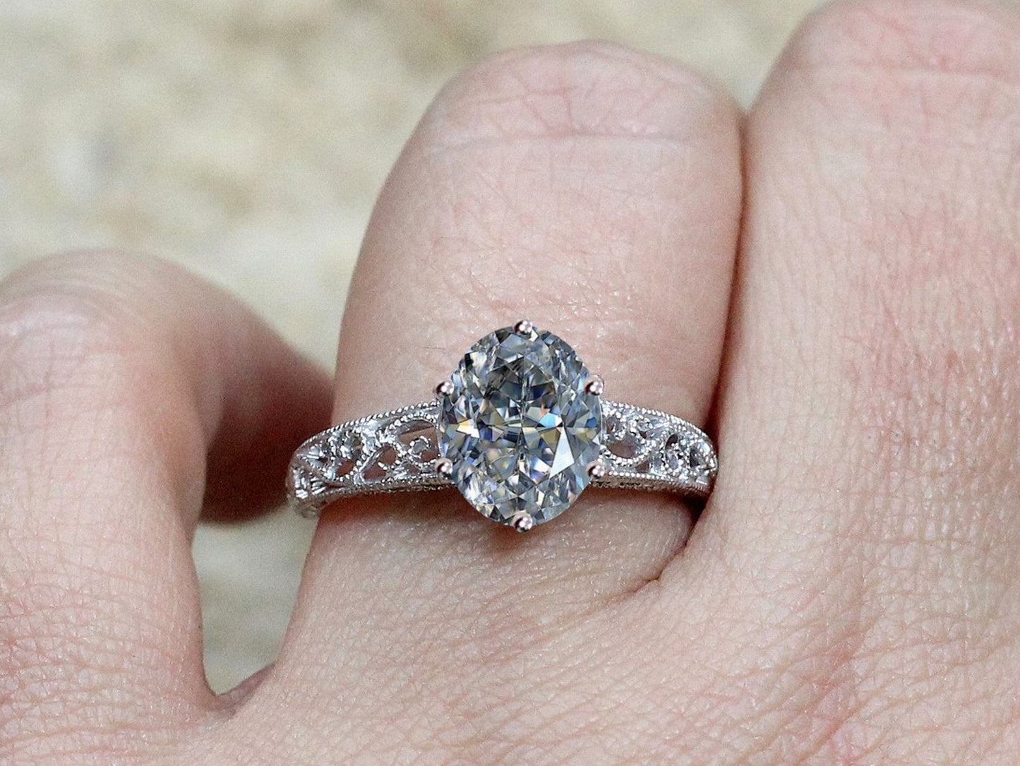 Vintage Moissanite Engagement Ring Polymnia Antique Milgrain Filigree Oval 2ct 9x7mm White-Yellow-Rose Gold-10k-14k-18k-Platinum BellaMoreDesign.com
