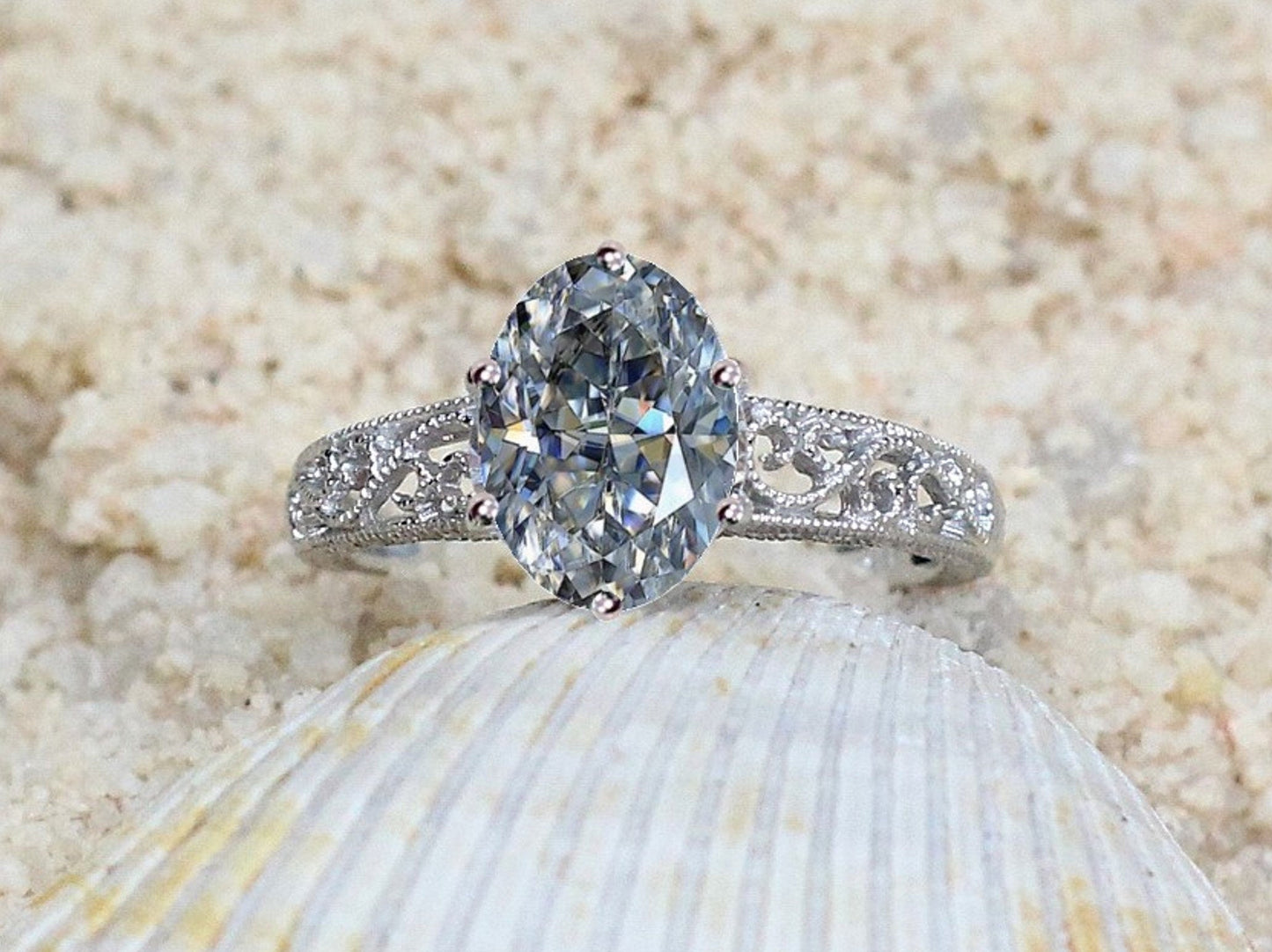 Vintage Moissanite Engagement Ring Polymnia Antique Milgrain Filigree Oval 2ct 9x7mm White-Yellow-Rose Gold-10k-14k-18k-Platinum BellaMoreDesign.com