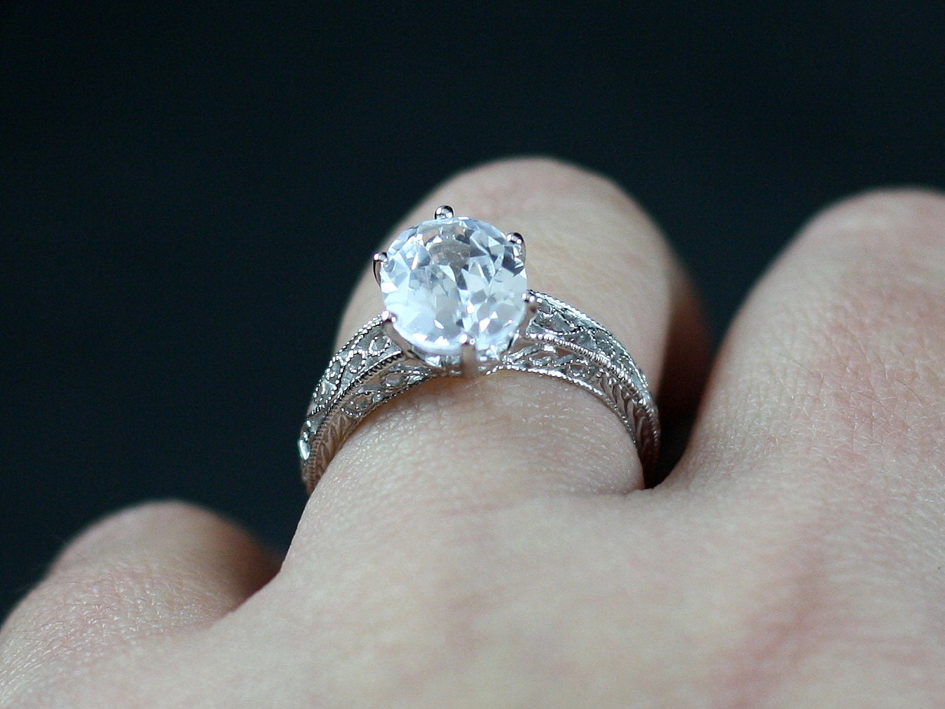 Vintage Moissanite Engagement Ring Polymnia Antique Milgrain Filigree Oval 2ct 9x7mm White-Yellow-Rose Gold-10k-14k-18k-Platinum BellaMoreDesign.com