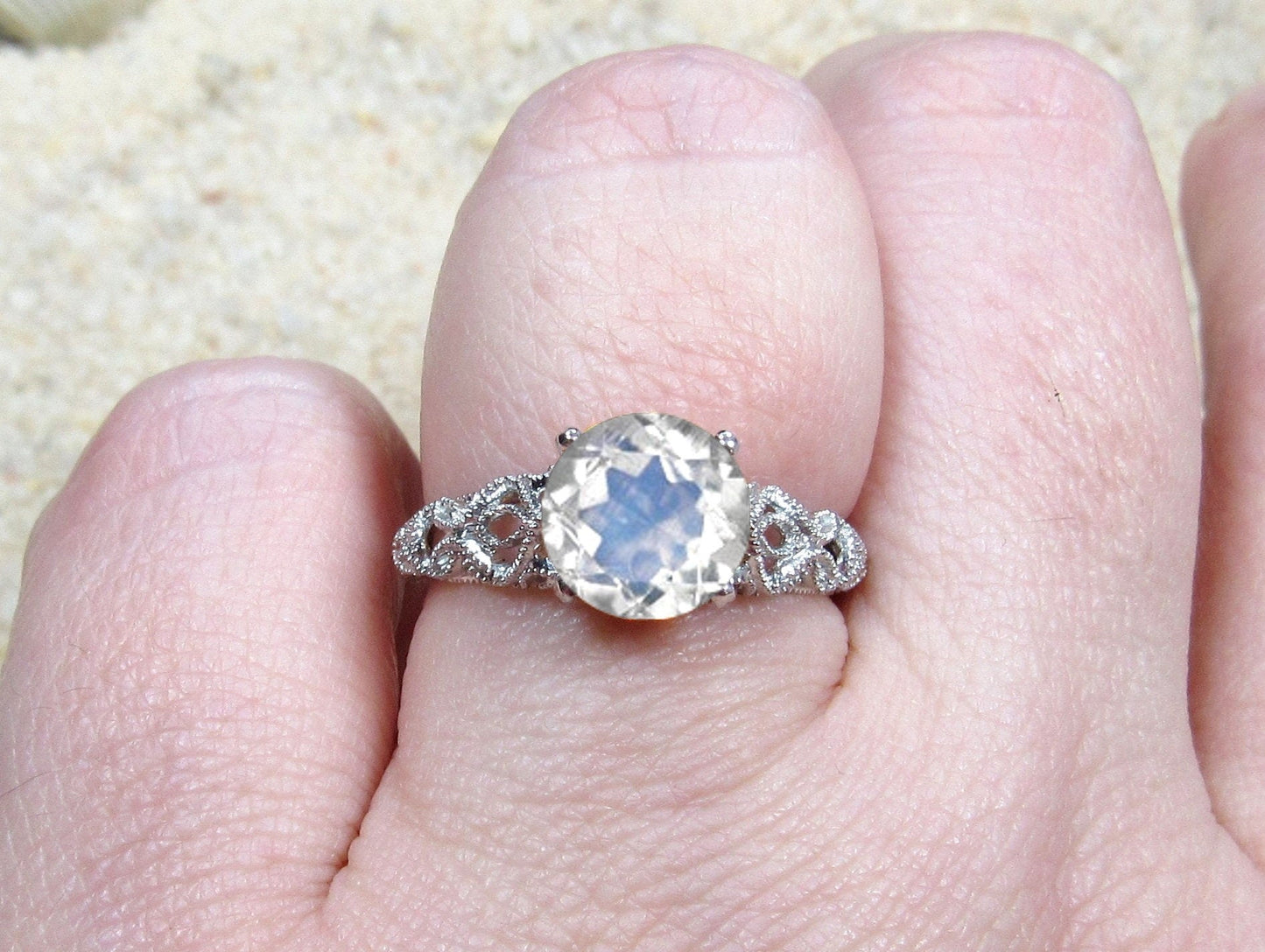 Vintage Moonstone Engagement Ring Antique Style Prong Filigree Round Andromeda 2cts 8mm Custom White-Yellow-Rose Gold-10k-14k-18k-Platinum BellaMoreDesign.com