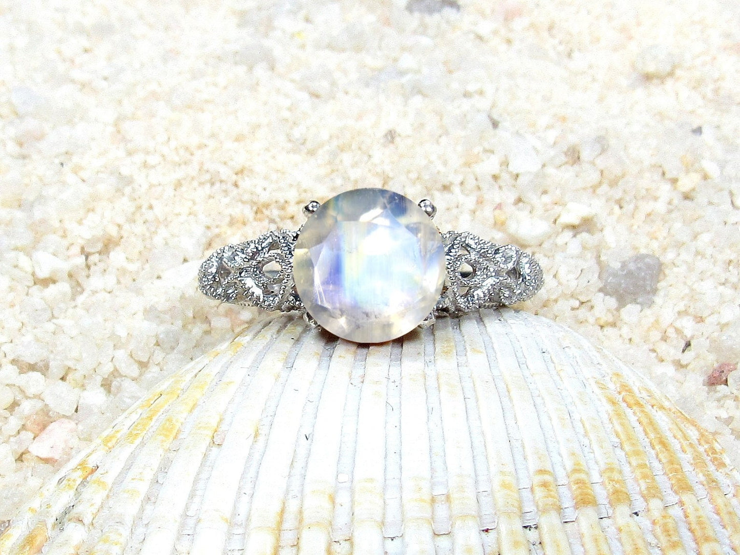 Vintage Moonstone Engagement Ring Antique Style Prong Filigree Round Andromeda 2cts 8mm Custom White-Yellow-Rose Gold-10k-14k-18k-Platinum BellaMoreDesign.com