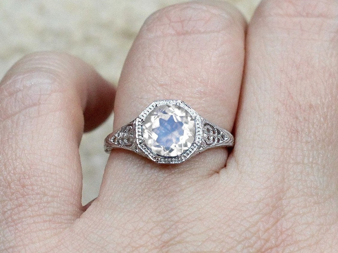 Vintage Moonstone Engagement Ring Fides Filigree Miligrain Antique Round cut 2ct 8mm Custom White-Yellow-Rose gold 10k-14k-18k-platinum BellaMoreDesign.com
