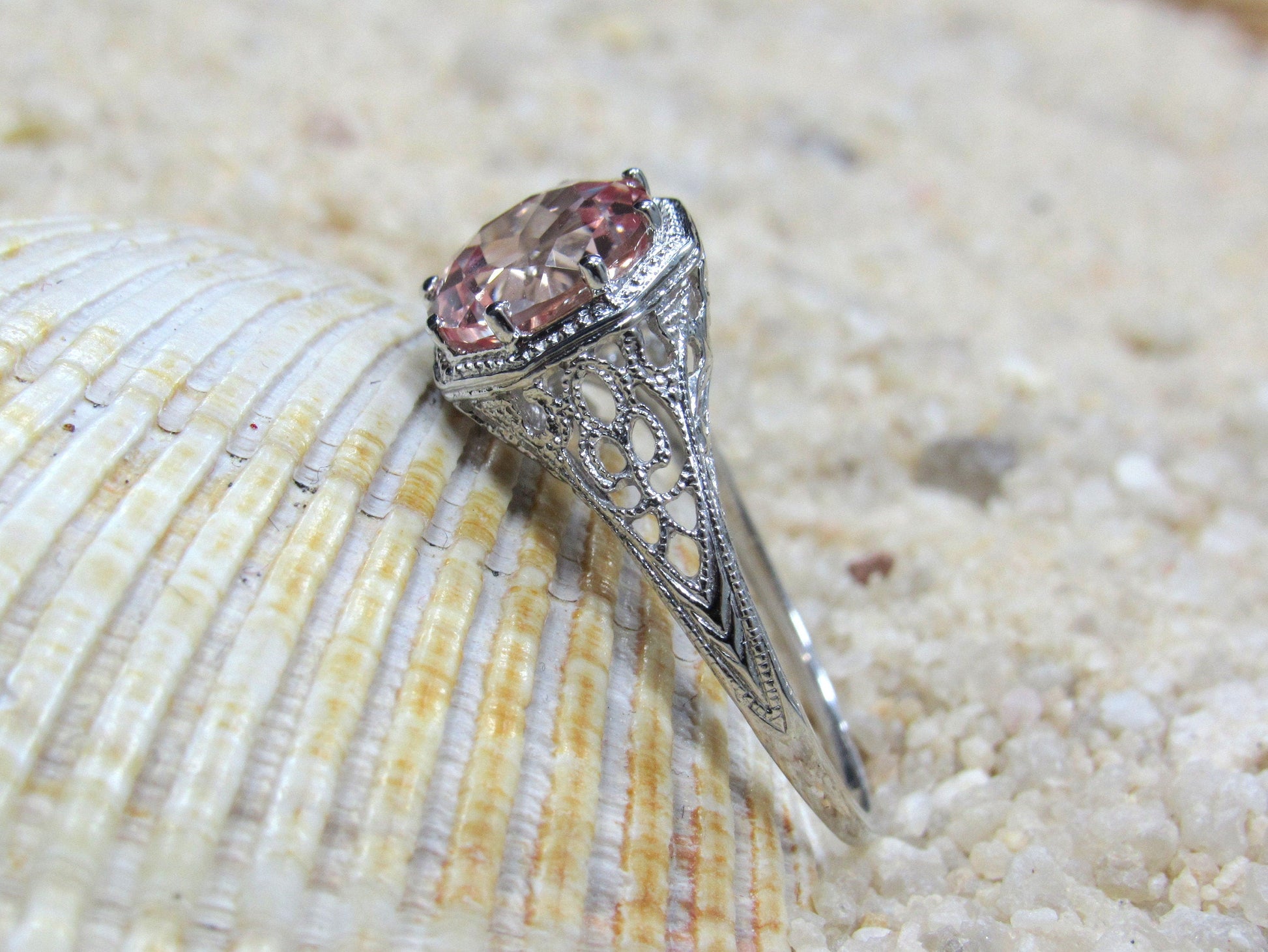 Vintage Peach Sapphire Engagement Ring Fides Filigree Miligrain Antique Round cut 2ct 8mm Custom White-Yellow-Rose gold 10k-14k-18k-platinum BellaMoreDesign.com