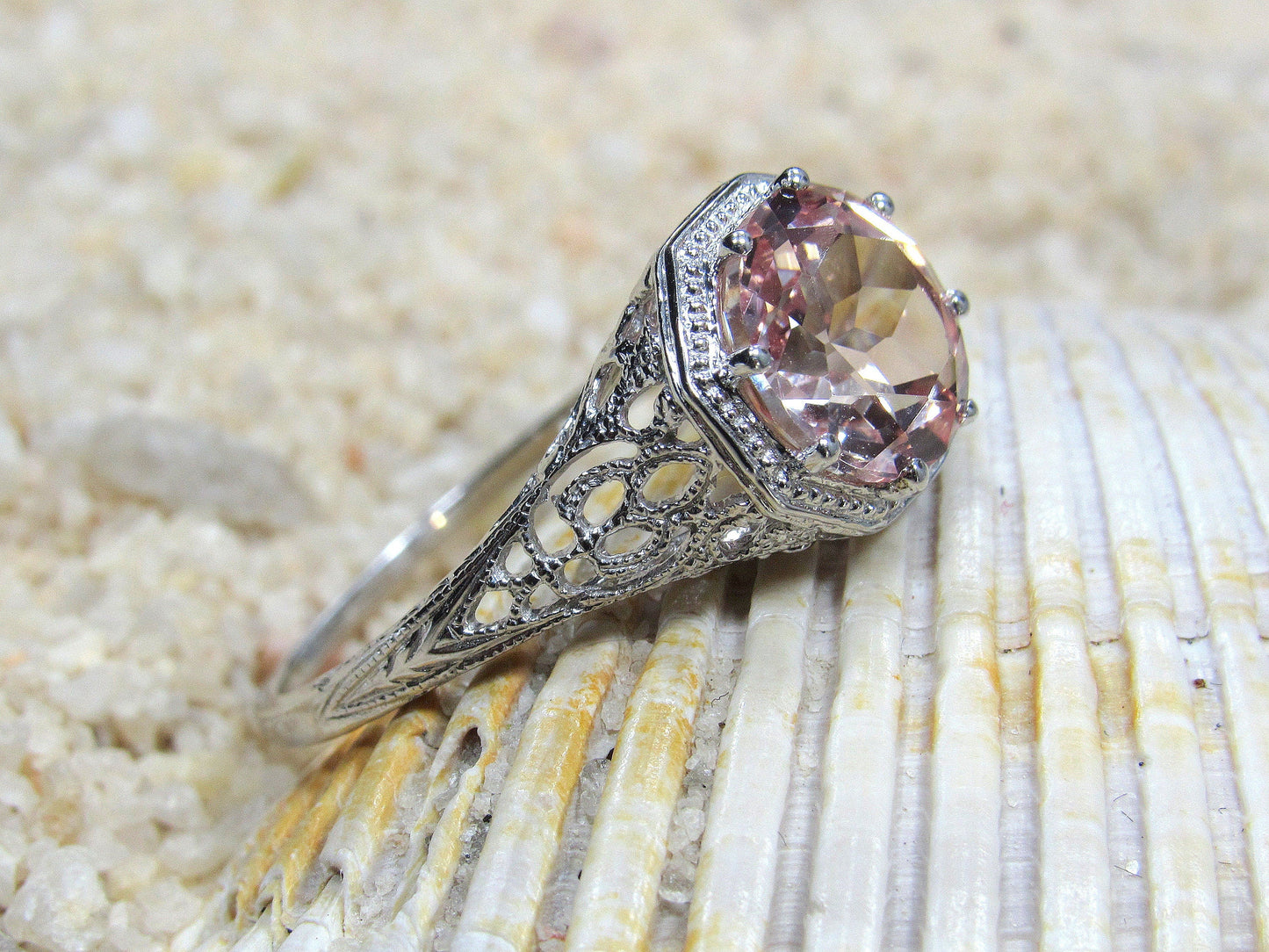 Vintage Peach Sapphire Engagement Ring Fides Filigree Miligrain Antique Round cut 2ct 8mm Custom White-Yellow-Rose gold 10k-14k-18k-platinum BellaMoreDesign.com