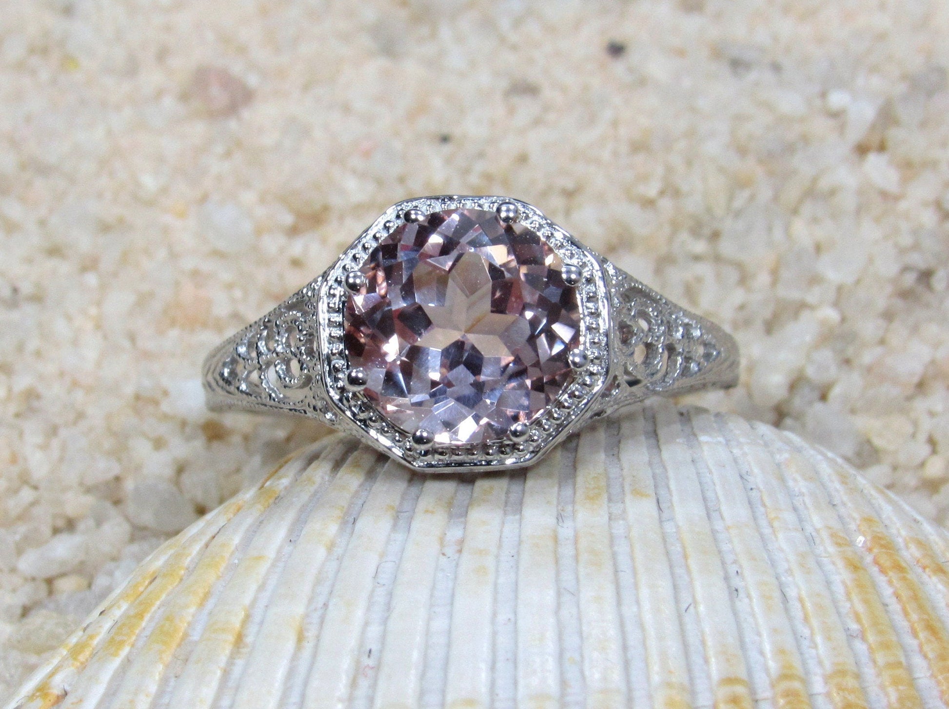 Vintage Peach Sapphire Engagement Ring Fides Filigree Miligrain Antique Round cut 2ct 8mm Custom White-Yellow-Rose gold 10k-14k-18k-platinum BellaMoreDesign.com