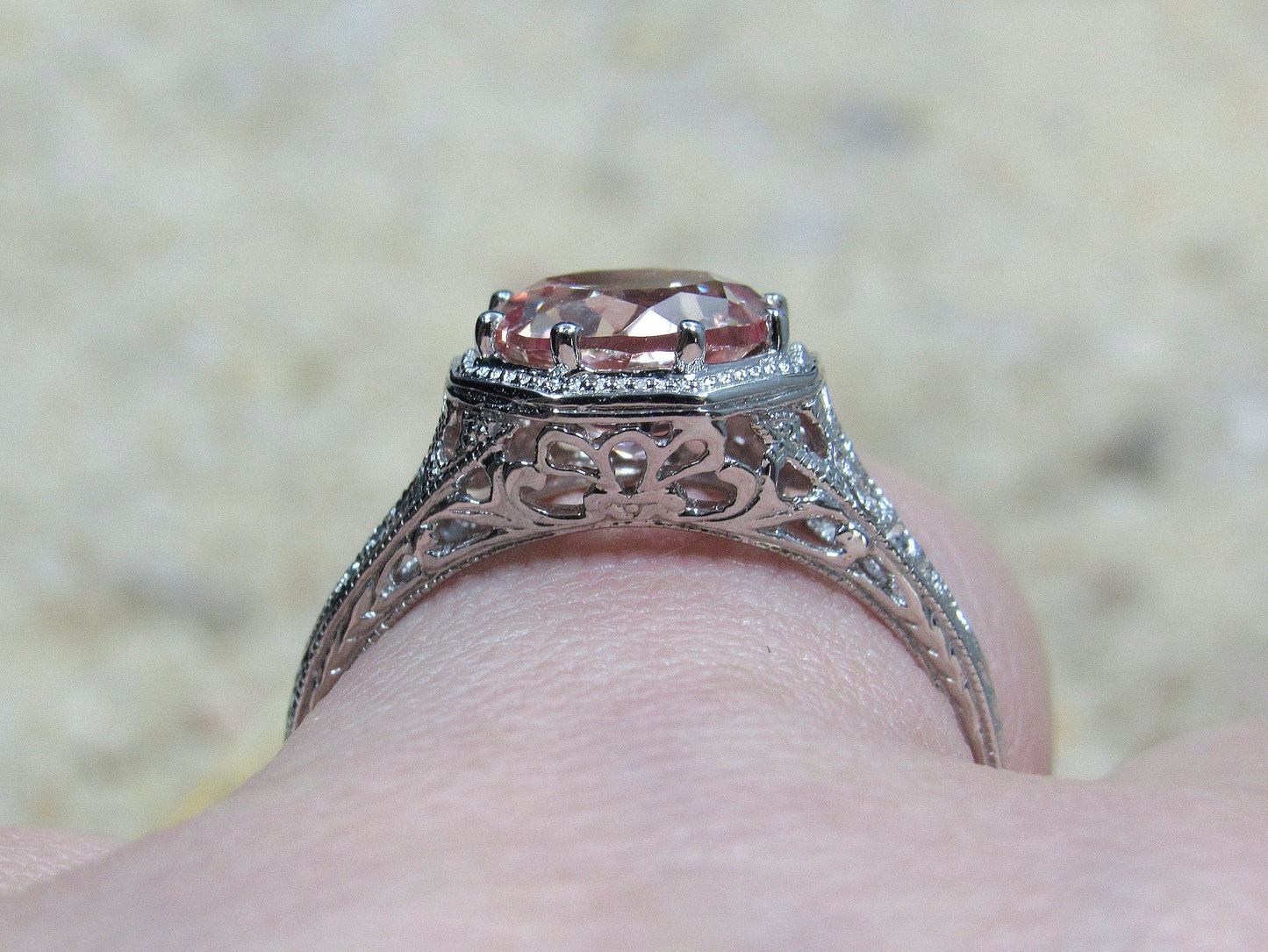 Vintage Peach Sapphire Engagement Ring Fides Filigree Miligrain Antique Round cut 2ct 8mm Custom White-Yellow-Rose gold 10k-14k-18k-platinum BellaMoreDesign.com