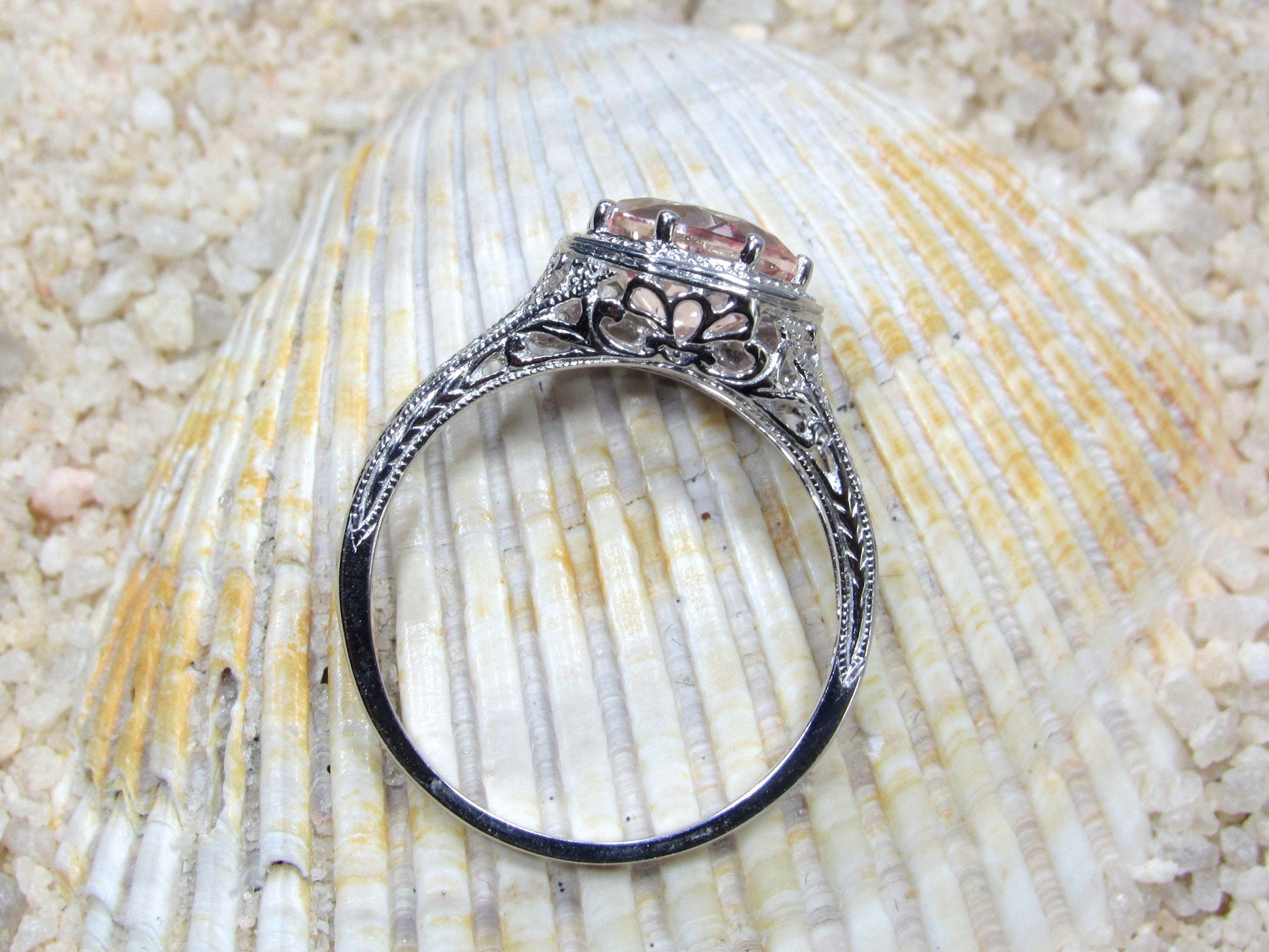 Vintage Peach Sapphire Engagement Ring Fides Filigree Miligrain Antique Round cut 2ct 8mm Custom White-Yellow-Rose gold 10k-14k-18k-platinum BellaMoreDesign.com