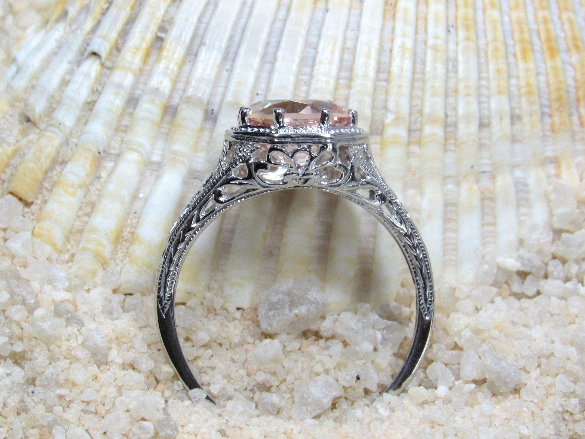 Vintage Peach Sapphire Engagement Ring Fides Filigree Miligrain Antique Round cut 2ct 8mm Custom White-Yellow-Rose gold 10k-14k-18k-platinum BellaMoreDesign.com