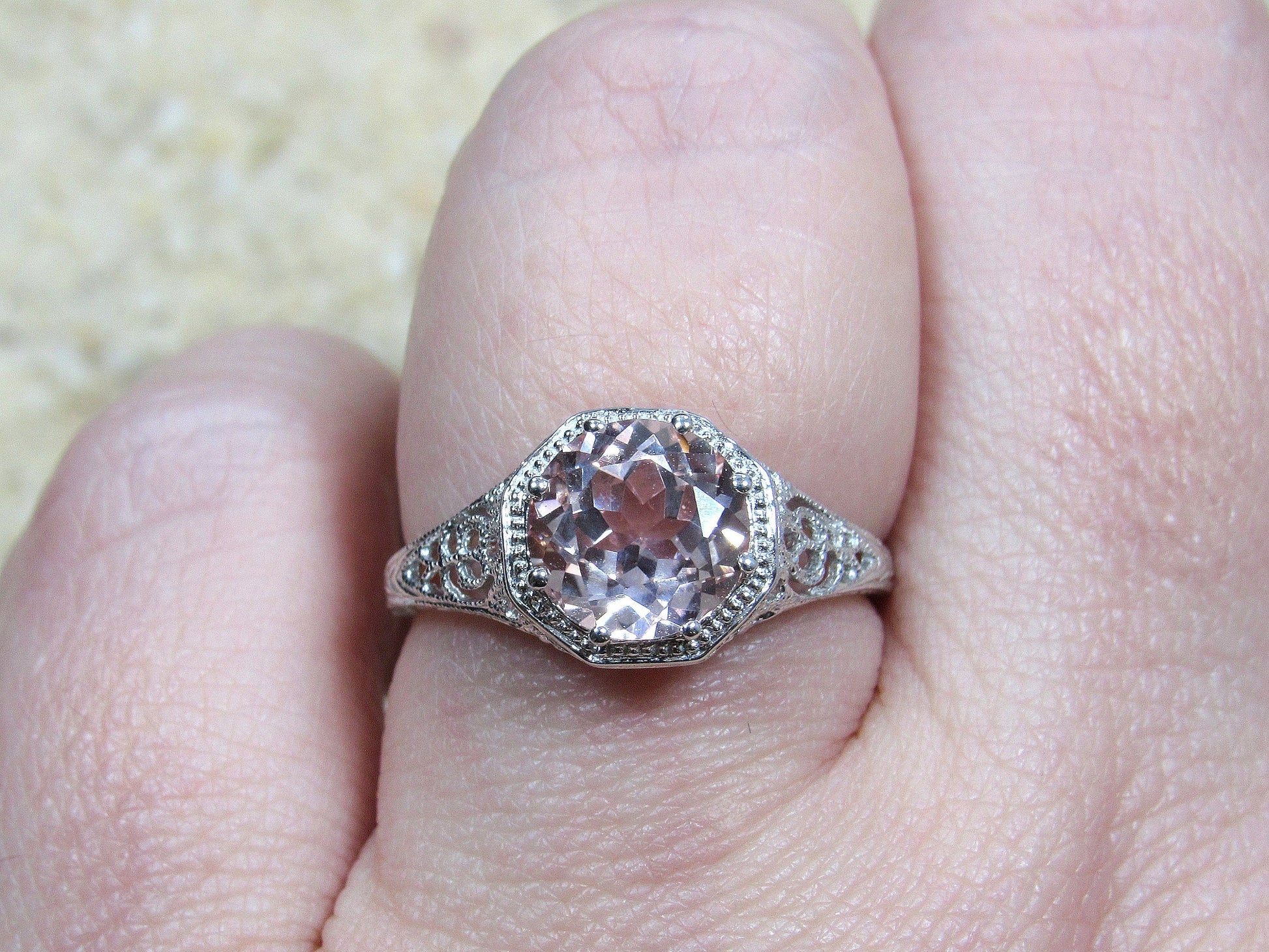 Vintage Peach Sapphire Engagement Ring Fides Filigree Miligrain Antique Round cut 2ct 8mm Custom White-Yellow-Rose gold 10k-14k-18k-platinum BellaMoreDesign.com
