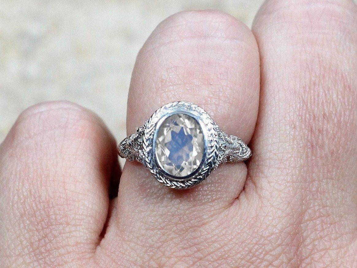 Vintage Rainbow Moonstone Engagement Ring Oval Antique Style Bezel Set Chevron Filigree Kore 2.1ct 9x7mm White-Yellow-Rose Gold-14k-18k-Plt BellaMoreDesign.com