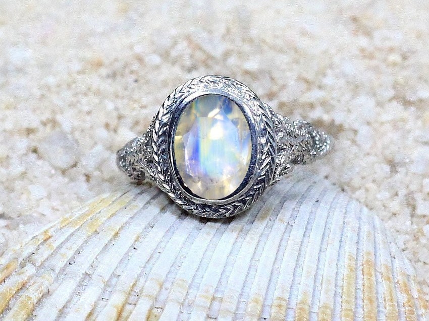 Vintage Rainbow Moonstone Engagement Ring Oval Antique Style Bezel Set Chevron Filigree Kore 2.1ct 9x7mm White-Yellow-Rose Gold-14k-18k-Plt BellaMoreDesign.com