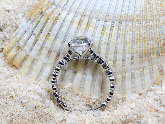 Vintage White Sapphire & Diamonds Engagement Ring Bezel Milgrain Smooth Round Ferarelle 2ct 8mm Custom White-Yellow-Rose Gold-14k-18k-Plat BellaMoreDesign.com