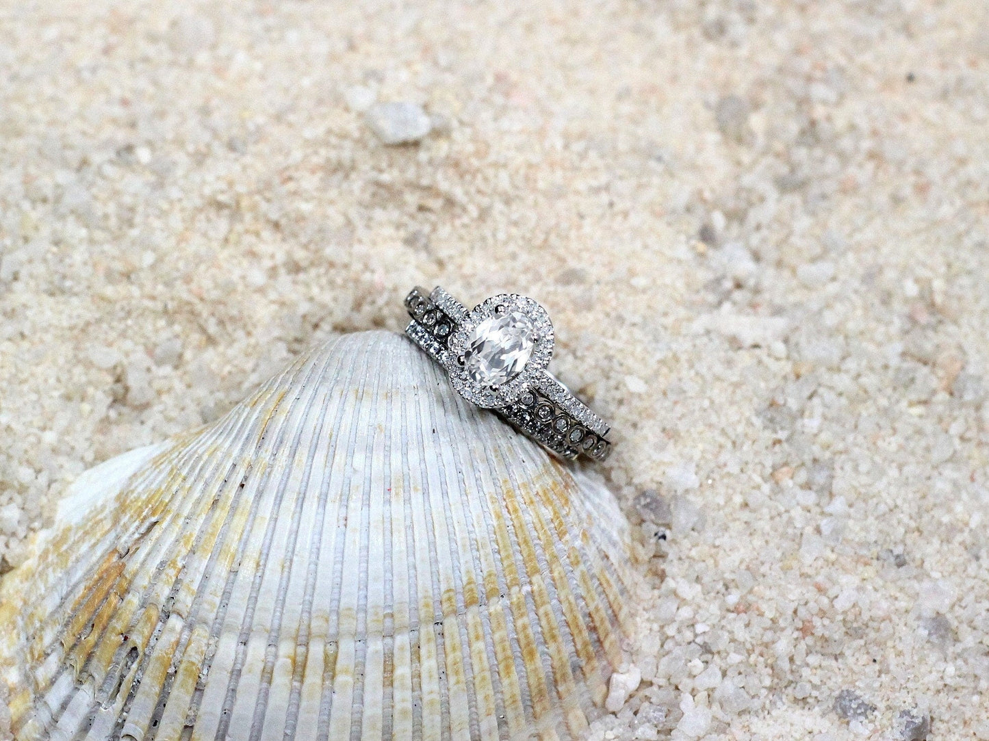 White Sapphire & Diamond Engagement Ring Eternity Bezel Wedding Band Set Ovale Ferarelle 1.5ct 8x6mm White-Yellow-Rose Gold-14k-18k-Platinum BellaMoreDesign.com