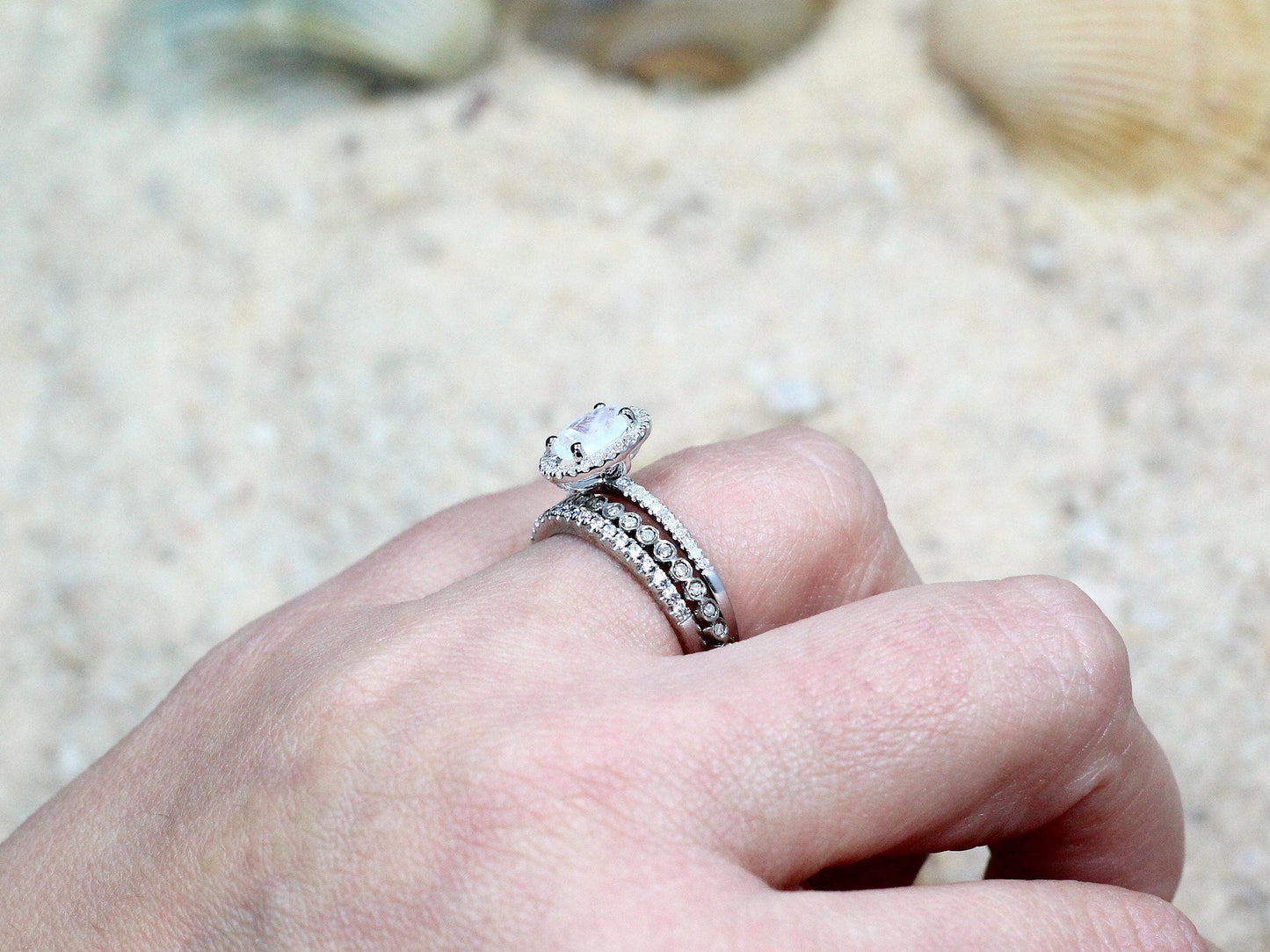 White Sapphire & Diamond Engagement Ring Eternity Bezel Wedding Band Set Ovale Ferarelle 1.5ct 8x6mm White-Yellow-Rose Gold-14k-18k-Platinum BellaMoreDesign.com