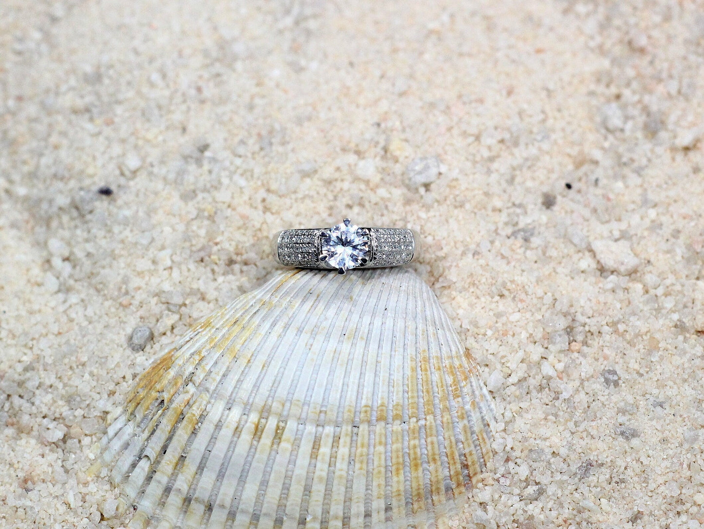White Sapphire & Diamonds Engagement Ring 5 Row Round Pave Halfway Eternity Hebe 1ct 6mm Custom White-Yellow-Rose Gold-10k-14k-18k-Platinum BellaMoreDesign.com