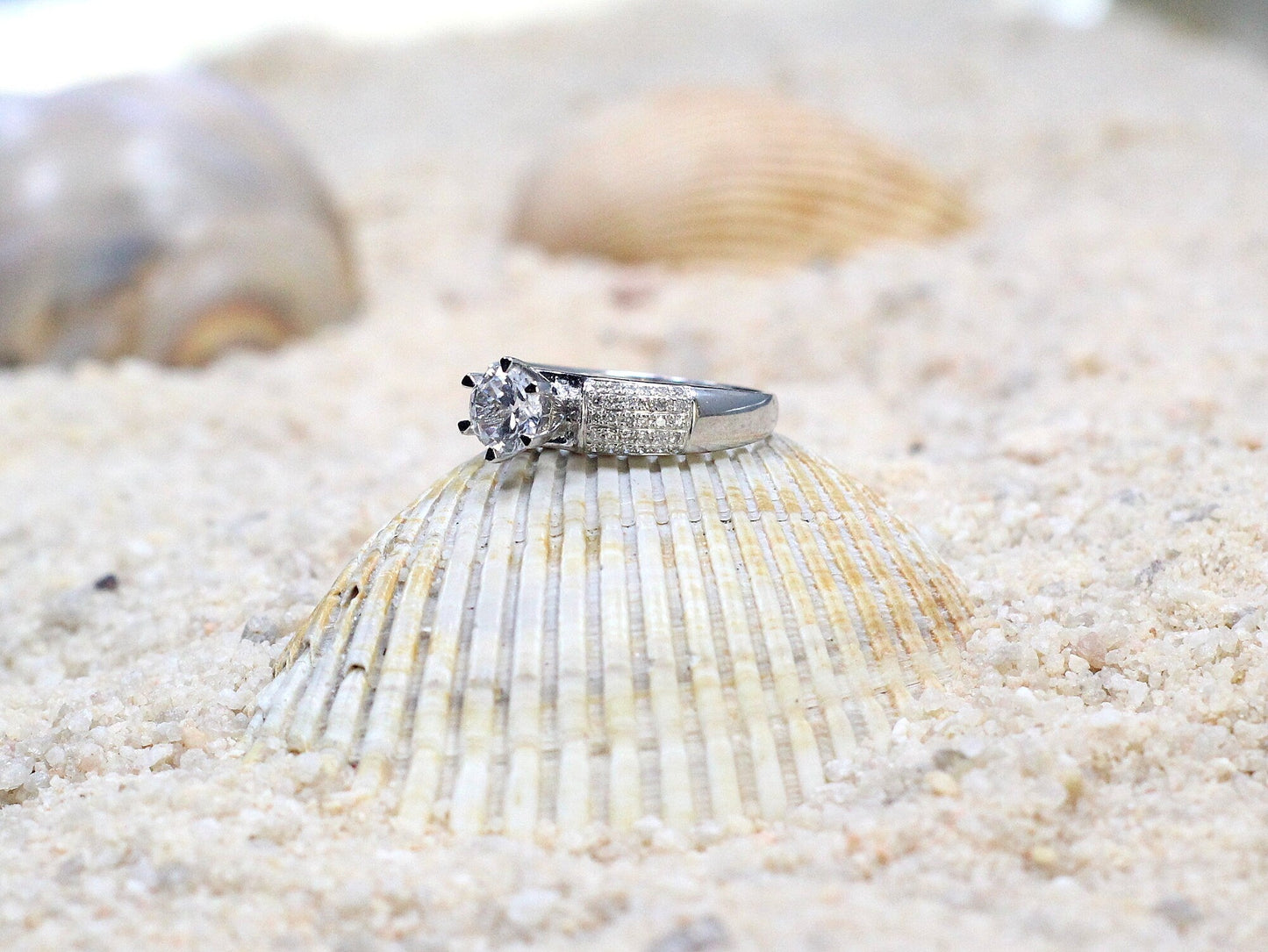 White Sapphire & Diamonds Engagement Ring 5 Row Round Pave Halfway Eternity Hebe 1ct 6mm Custom White-Yellow-Rose Gold-10k-14k-18k-Platinum BellaMoreDesign.com