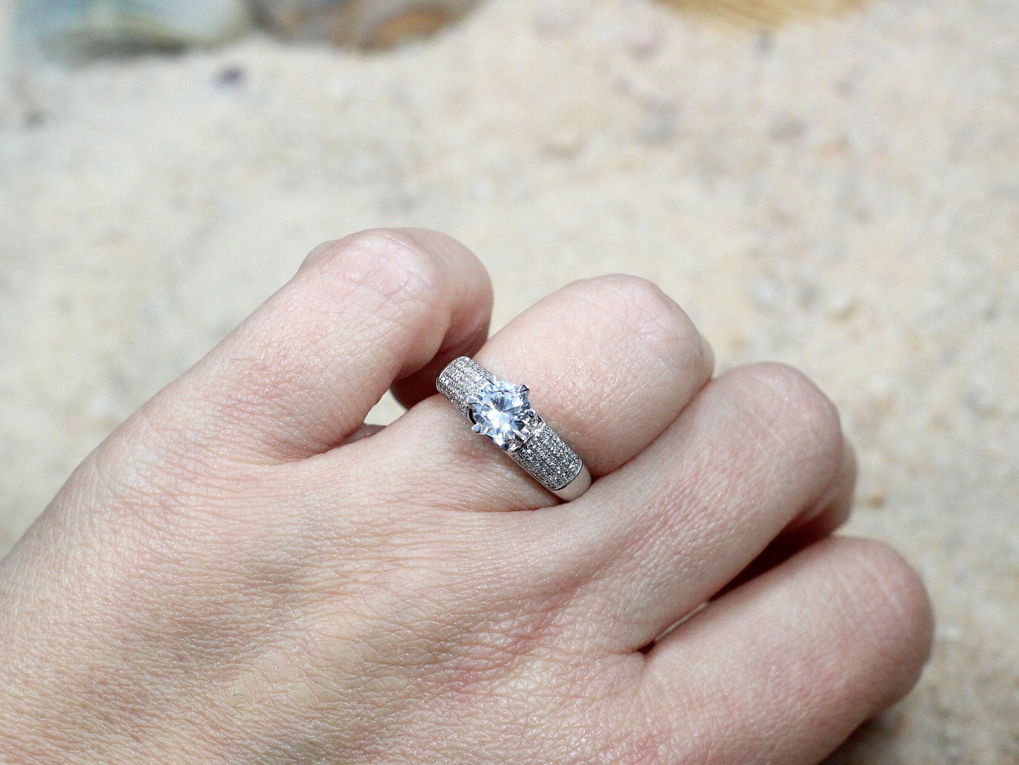 White Sapphire & Diamonds Engagement Ring 5 Row Round Pave Halfway Eternity Hebe 1ct 6mm Custom White-Yellow-Rose Gold-10k-14k-18k-Platinum BellaMoreDesign.com