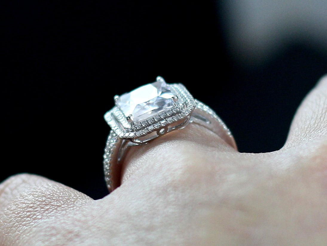 White Sapphire & Diamonds Engagement Ring Emerlad Double Halo Belus Grand 4ct 10x8mm Custom White-Yellow-Rose Gold-10k-14k-18k-Plat BellaMoreDesign.com