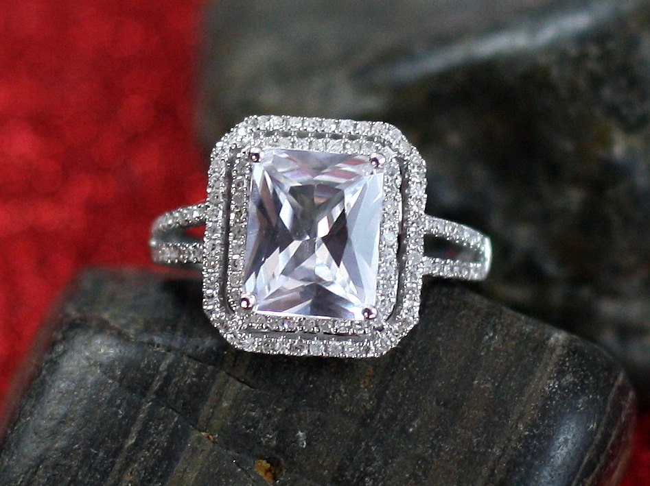 White Sapphire & Diamonds Engagement Ring Emerlad Double Halo Belus Grand 4ct 10x8mm Custom White-Yellow-Rose Gold-10k-14k-18k-Plat BellaMoreDesign.com