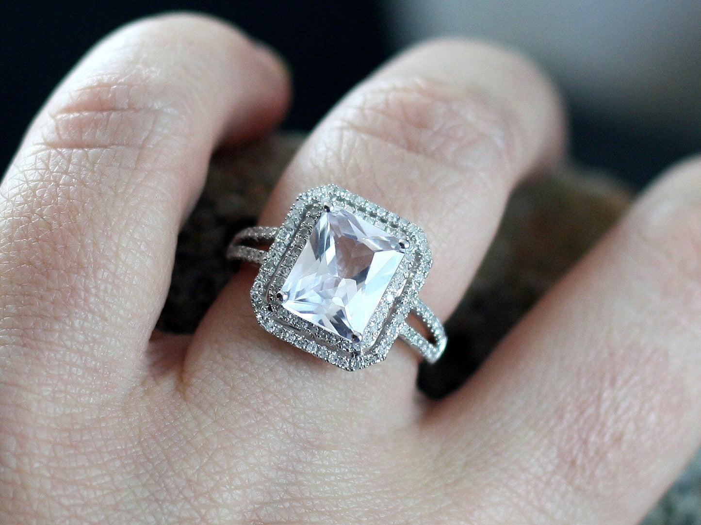 White Sapphire & Diamonds Engagement Ring Emerlad Double Halo Belus Grand 4ct 10x8mm Custom White-Yellow-Rose Gold-10k-14k-18k-Plat BellaMoreDesign.com