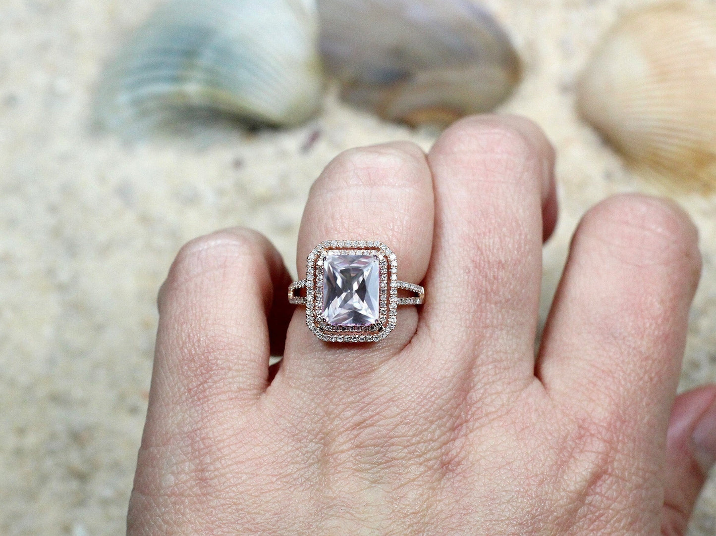 White Sapphire & Diamonds Engagement Ring Emerlad Double Halo Belus Grand 4ct 10x8mm Custom White-Yellow-Rose Gold-10k-14k-18k-Plat BellaMoreDesign.com