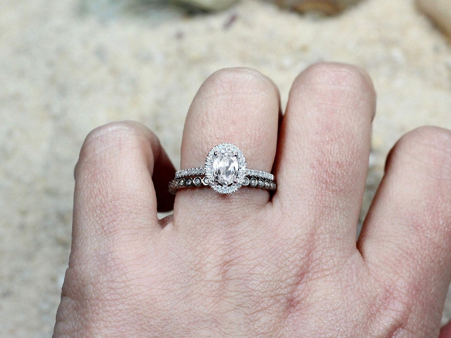 White Sapphire & Diamonds Engagement Ring Eternity Bubble Bezel Band Set Ovale Medio Ferarelle 2ct 8x6mm White-Yellow-Rose Gold-14k-18k-Plat BellaMoreDesign.com