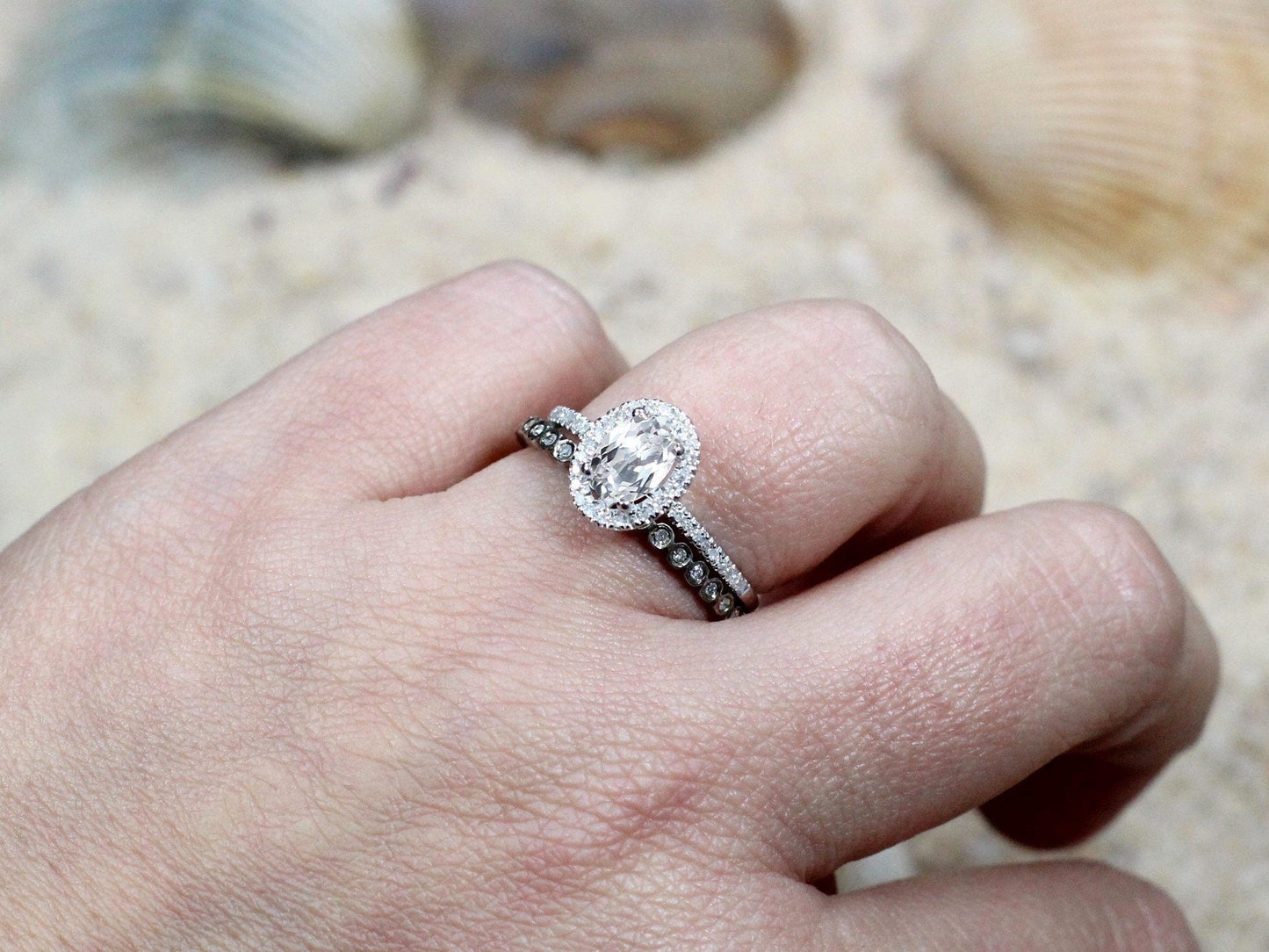 White Sapphire & Diamonds Engagement Ring Eternity Bubble Bezel Band Set Ovale Medio Ferarelle 2ct 8x6mm White-Yellow-Rose Gold-14k-18k-Plat BellaMoreDesign.com