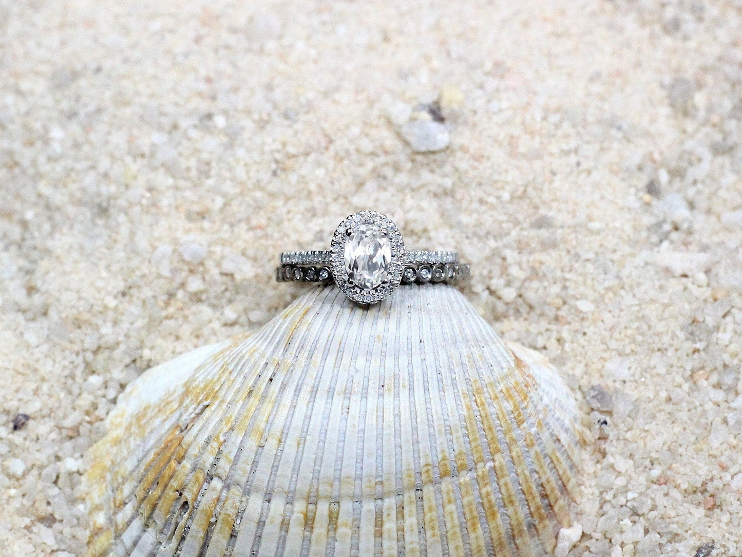 White Sapphire & Diamonds Engagement Ring Eternity Bubble Bezel Band Set Ovale Medio Ferarelle 2ct 8x6mm White-Yellow-Rose Gold-14k-18k-Plat BellaMoreDesign.com